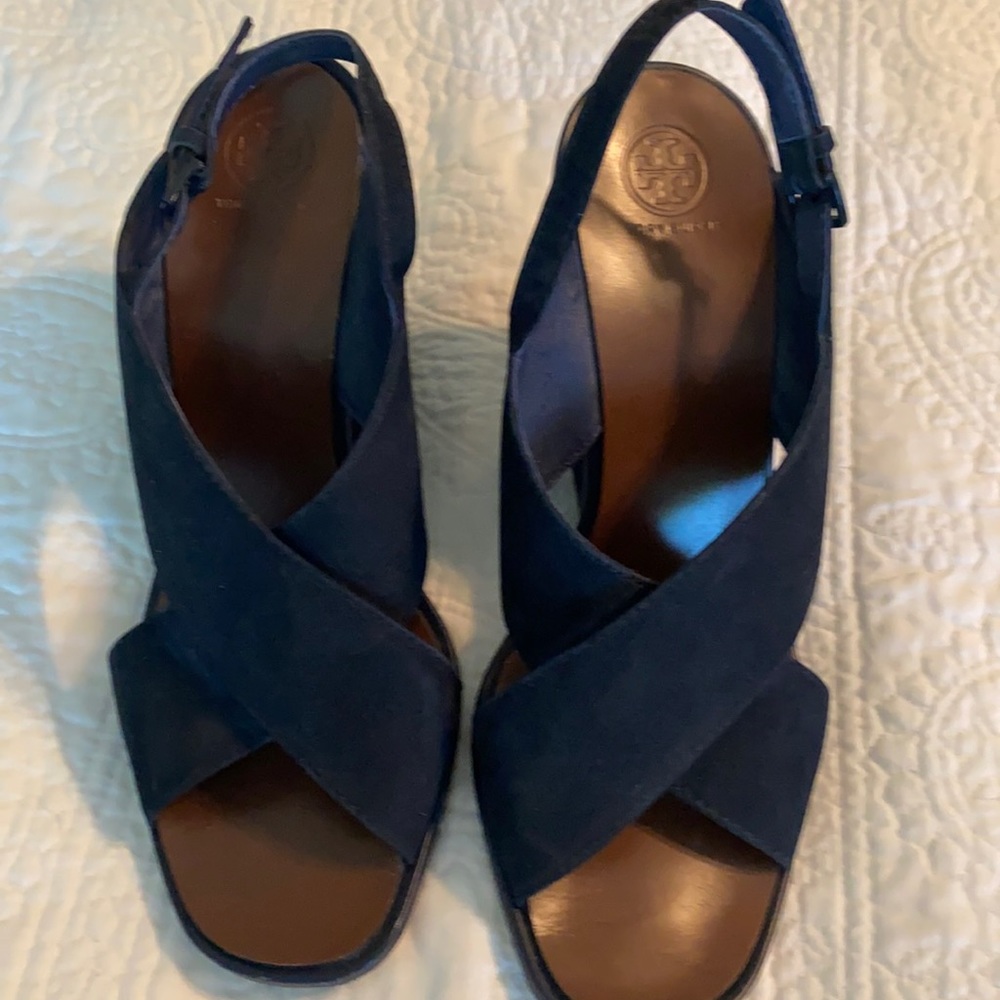 Tory Burch navy suede wedge. Size 10